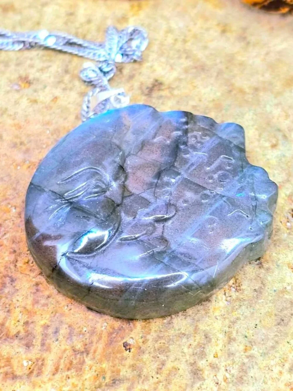Labradorite Crescent Moon Carved Pendant Flashy Crystal Necklace 1.3 Inch